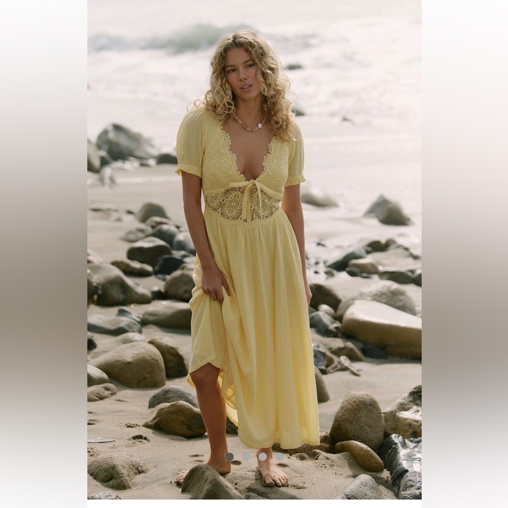 Free People All You Need Is Lace Midi Dress-Mellow Yellow-XS-NWT